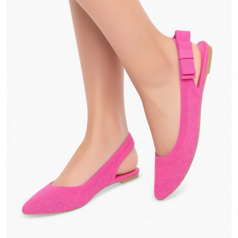 NEW TAHARI Singapore Pink Knit Slingback Flats w Decorative Side Bow Pointed Toe - Picture 2 of 10